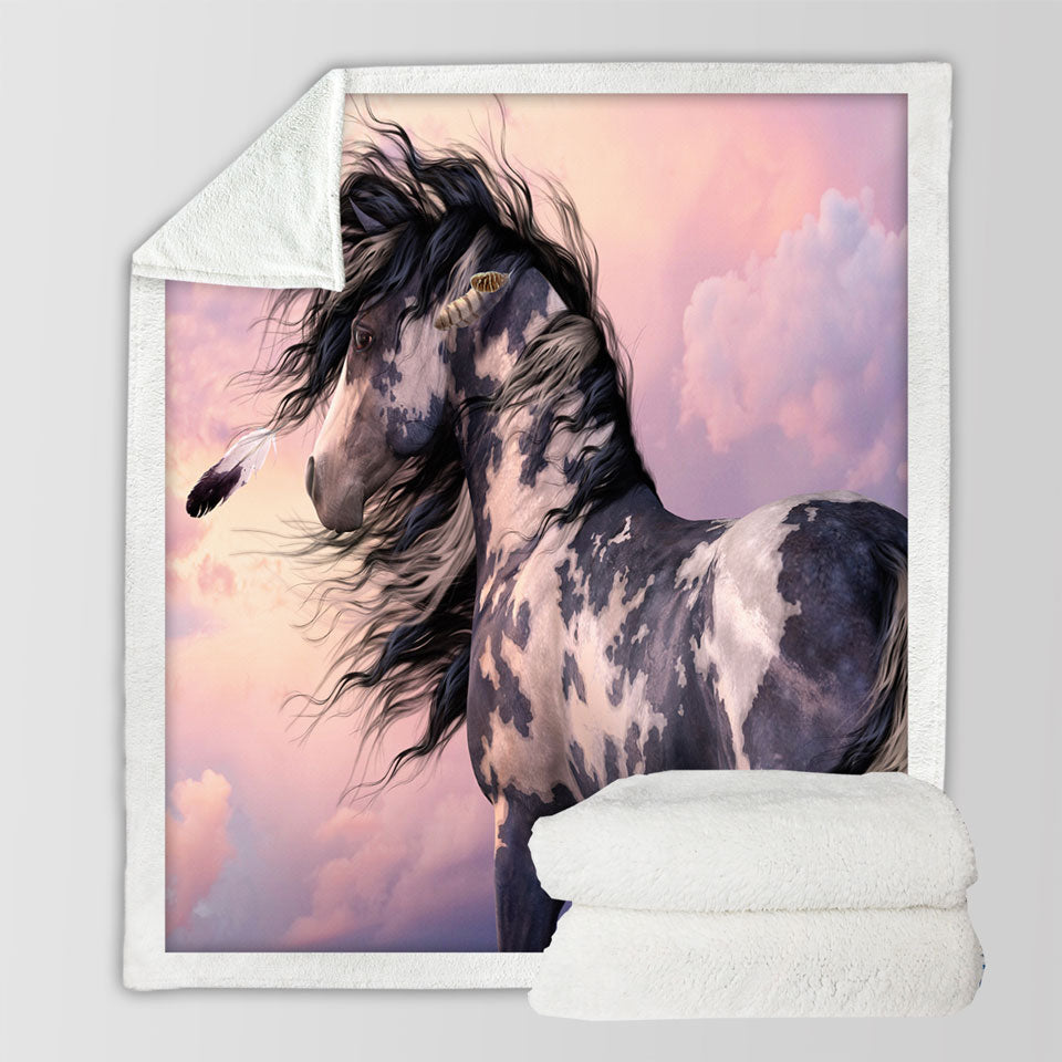 products/Sunset-Clouds-Fleece-Blankets-behind-Black-and-White-Pinto-Horse