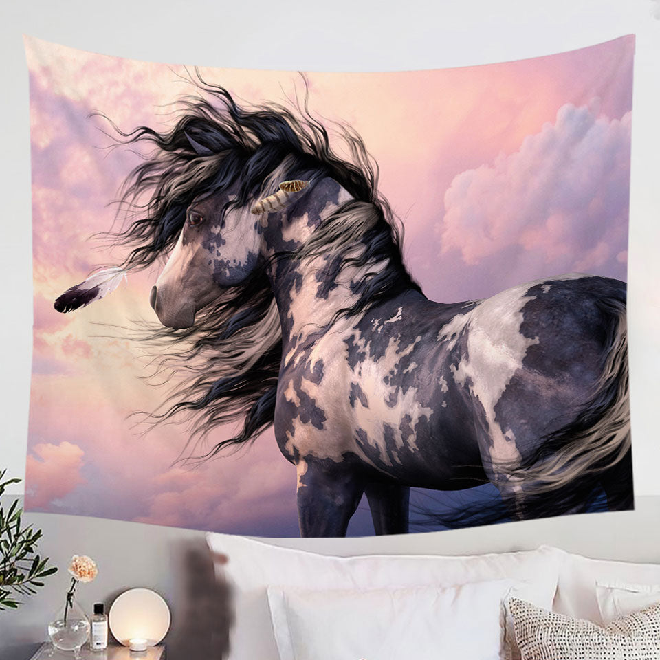 Sunset-Clouds-Tapestry-behind-Black-and-White-Pinto-Horse