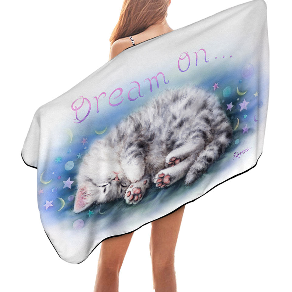 Sweet Beach Towels Sleeping Grey Kitten Cat Art