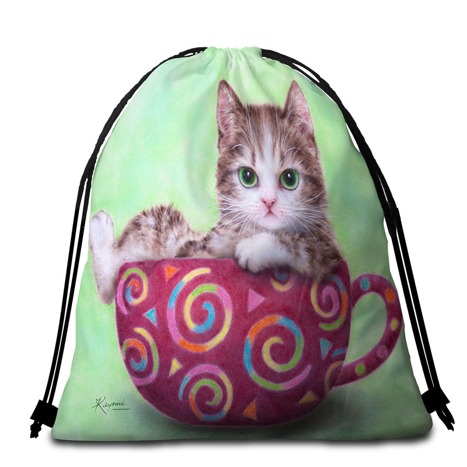 Sweet Beach Towels and Bags Set Cat Art Drawings the Cute Cup Kitty