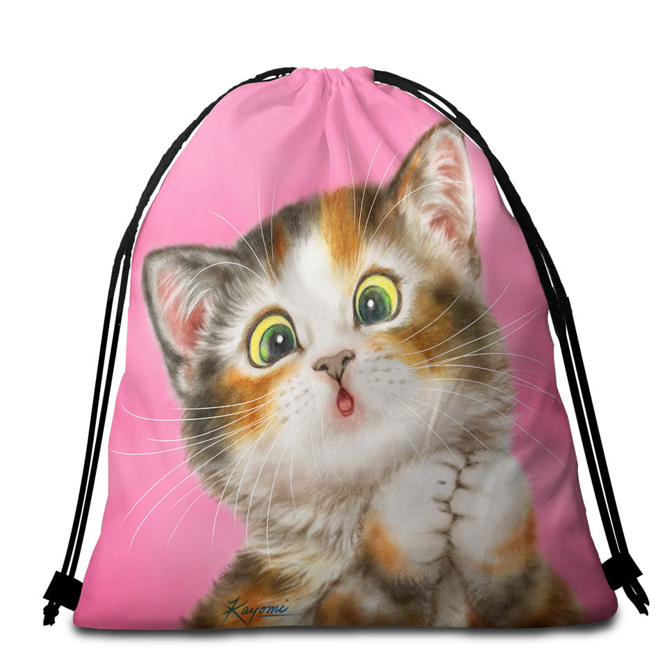 Sweet Childrens Beach Towel Bags Kitten over Pink Painted Cats Designs