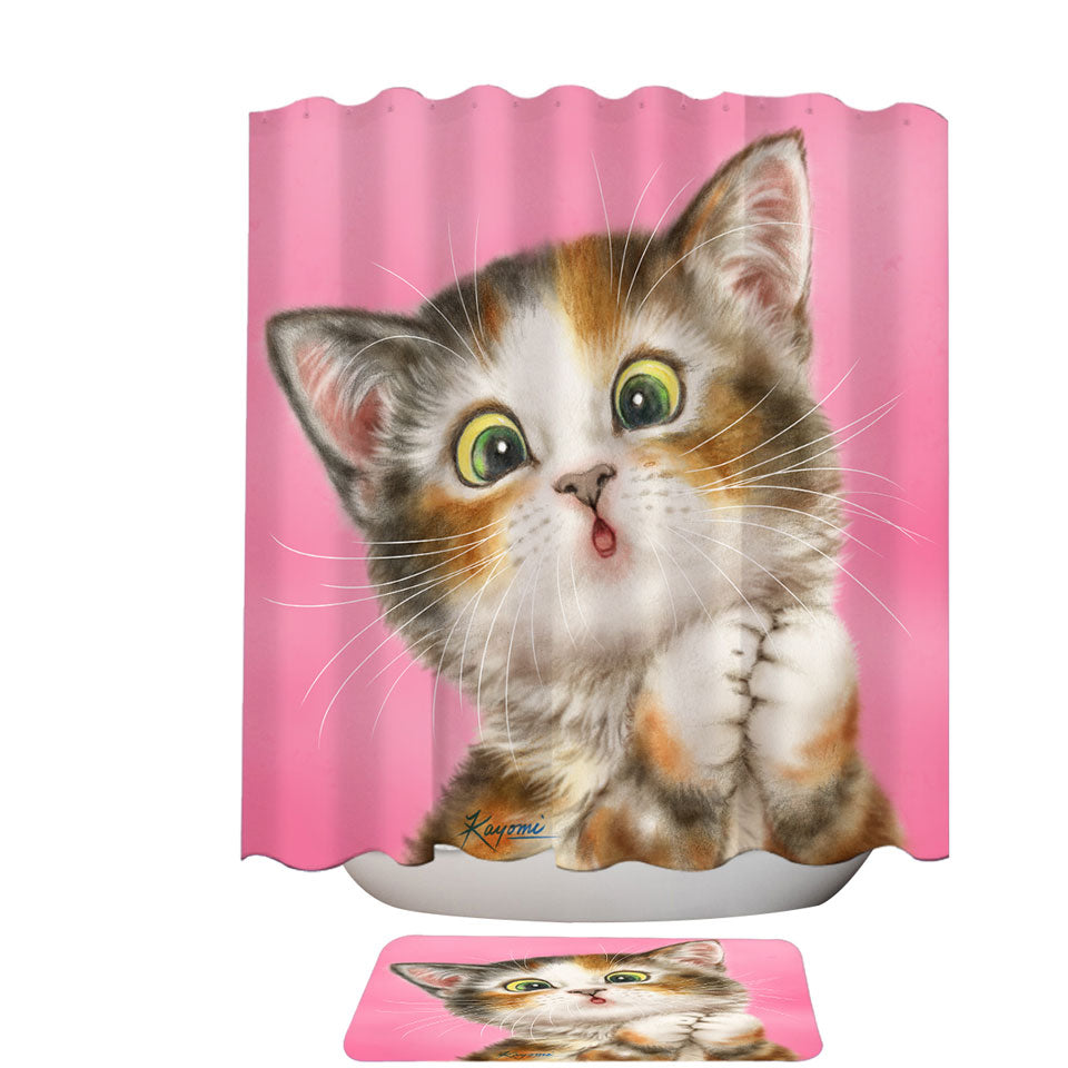 Sweet Childrens Shower Curtains with Kitten over Pink Painted Cats Designs