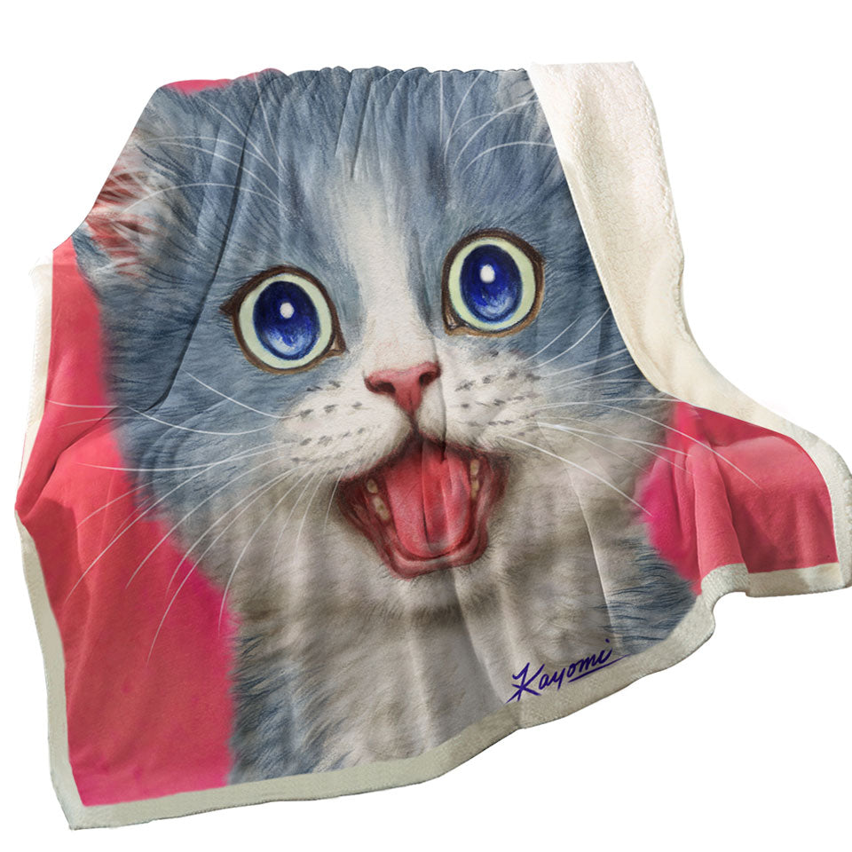 Sweet Happy Grey Kitten Cat Sherpa Blanket