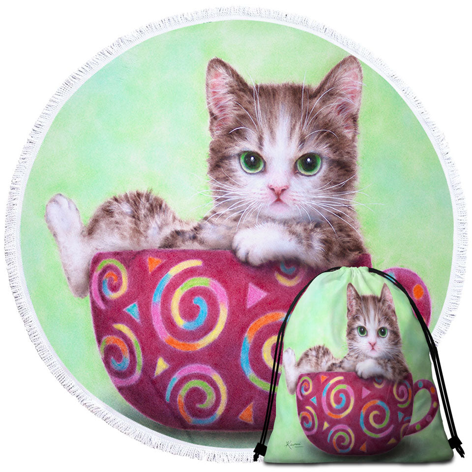 Sweet Round Beach Towel Cat Art Drawings the Cute Cup Kitty