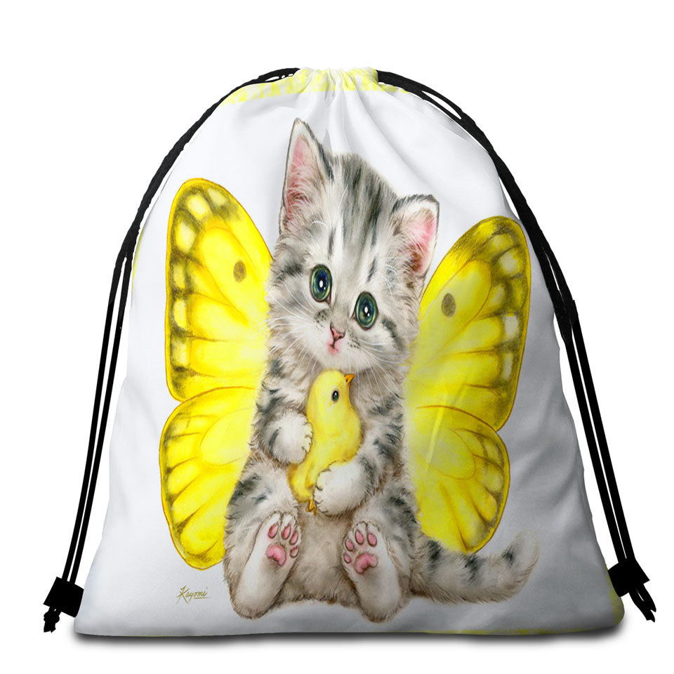 Sweet Yellow Butterfly Kitten and Chick Beach Towels and Bags Set