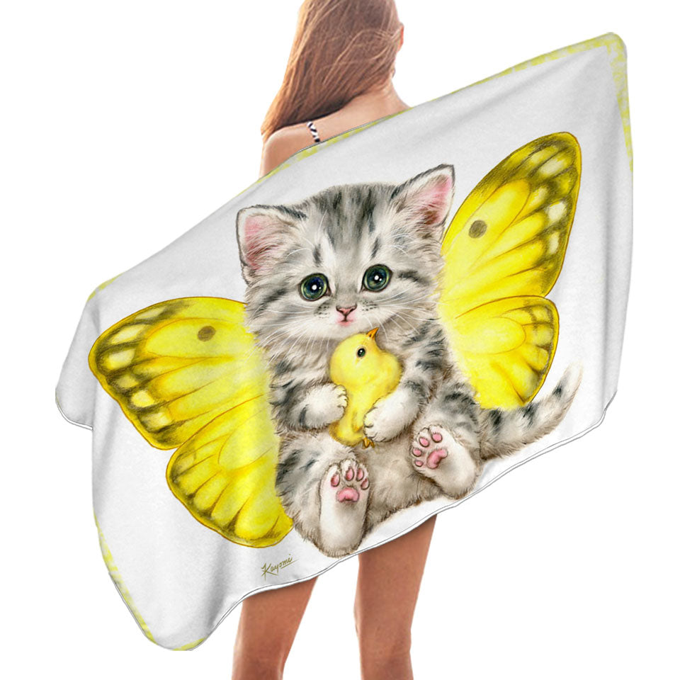 Sweet Yellow Butterfly Kitten and Chick Beach Towels