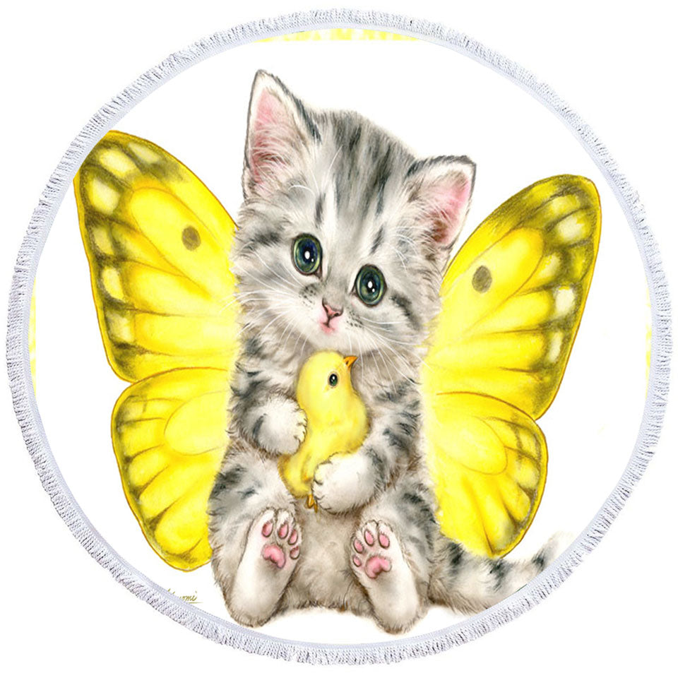 Sweet Yellow Butterfly Kitten and Chick Circle Beach Towel