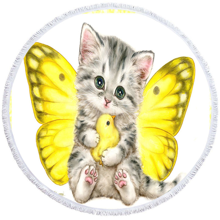 Sweet Yellow Butterfly Kitten and Chick Circle Beach Towel