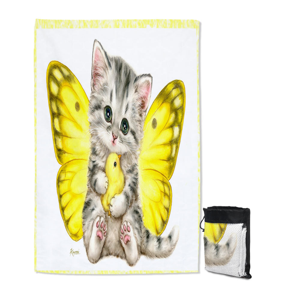 Sweet Yellow Butterfly Kitten and Chick Quick Dry Beach Towel