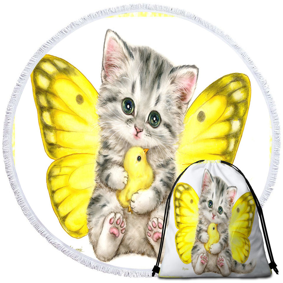 Sweet Yellow Butterfly Kitten and Chick Round Beach Towel