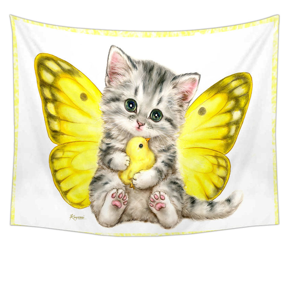 Sweet Yellow Butterfly Kitten and Chick Tapestry