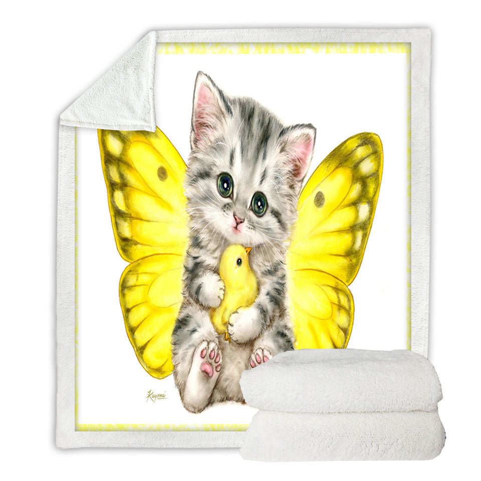 Sweet Yellow Butterfly Kitten and Chick Throw Blanket