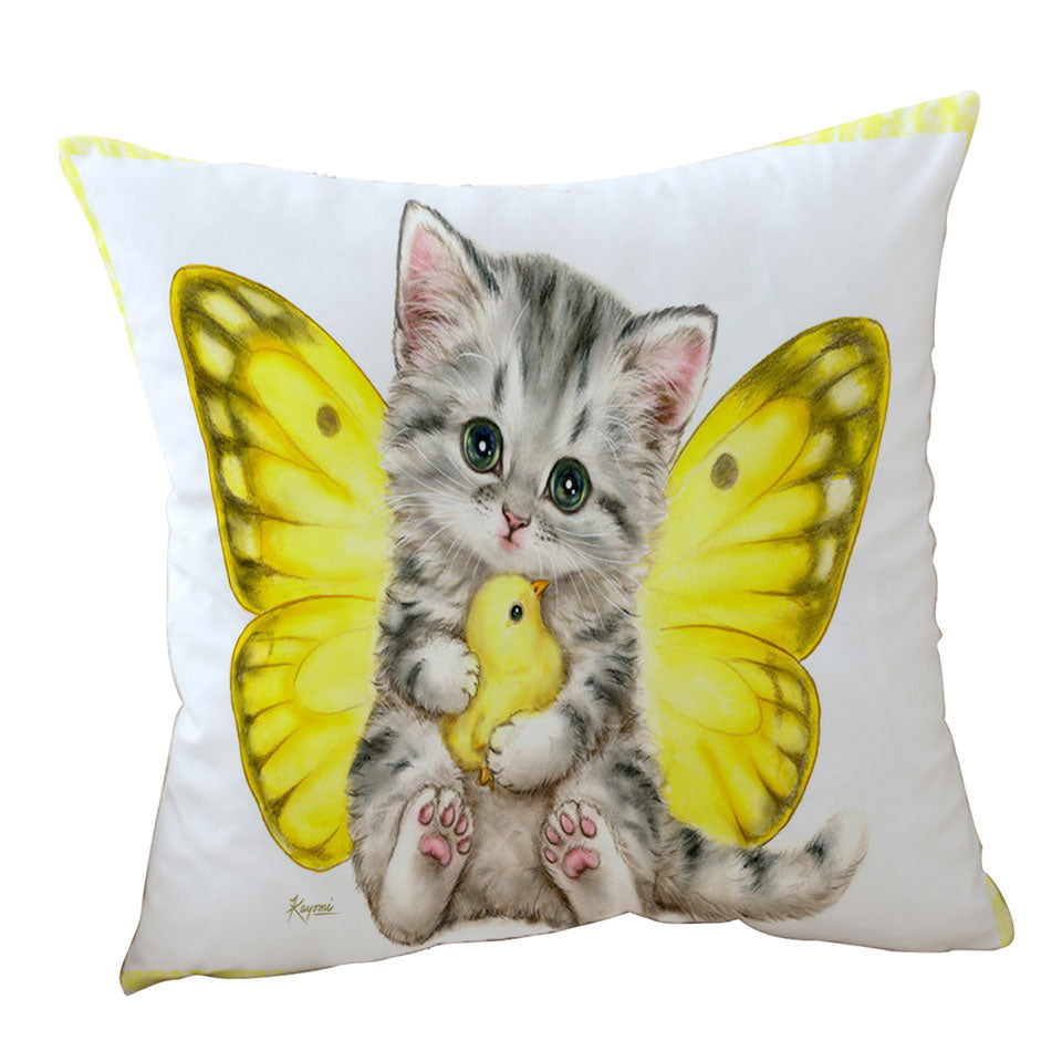 Sweet Yellow Butterfly Kitten and Chick Throw Pillow