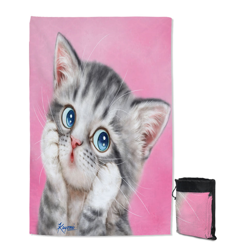 Swimming Towels with Designs for Kids Tabby Grey Kitty Cat over Pink