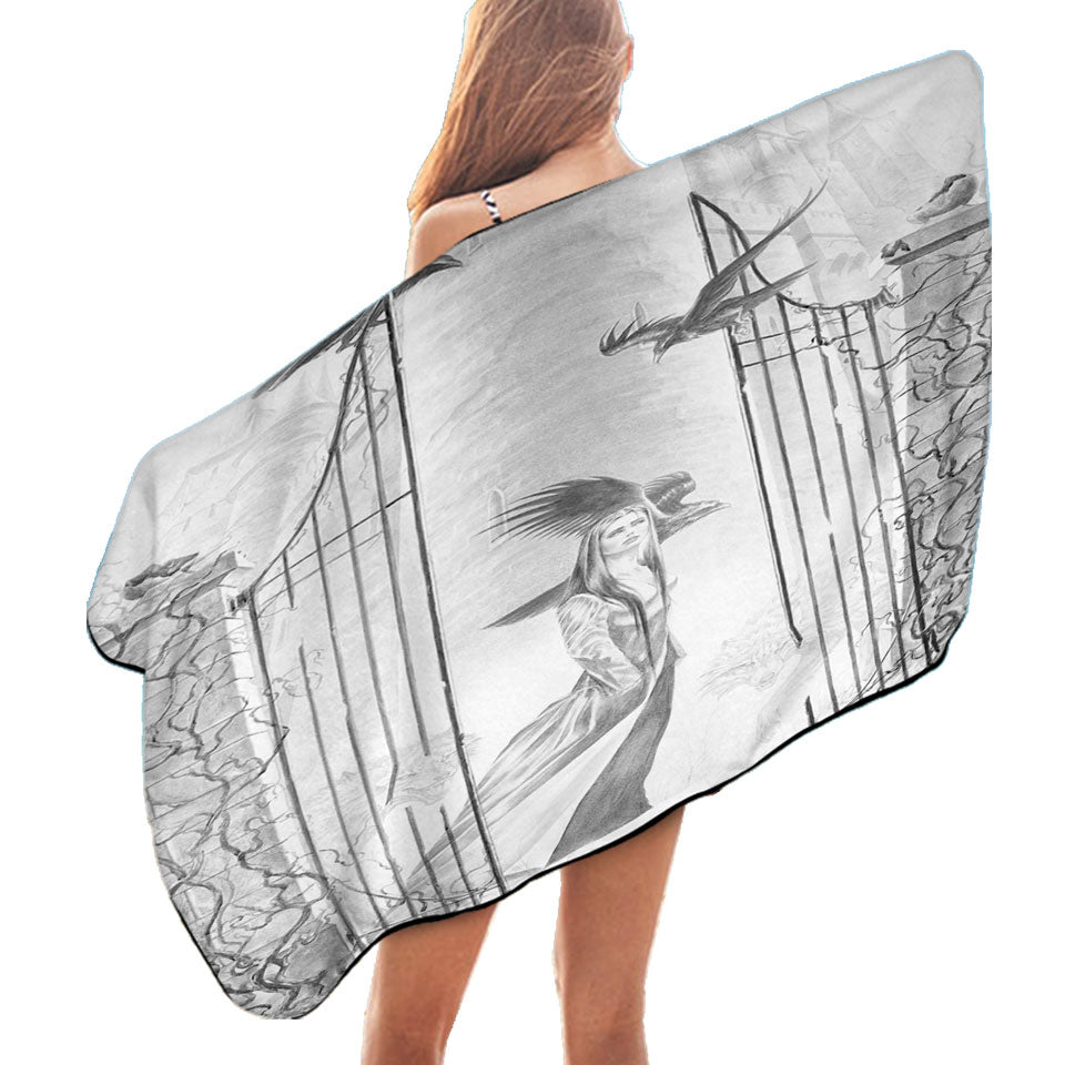 Swims Towel of Black and White Art Drawing Beauty in Castle