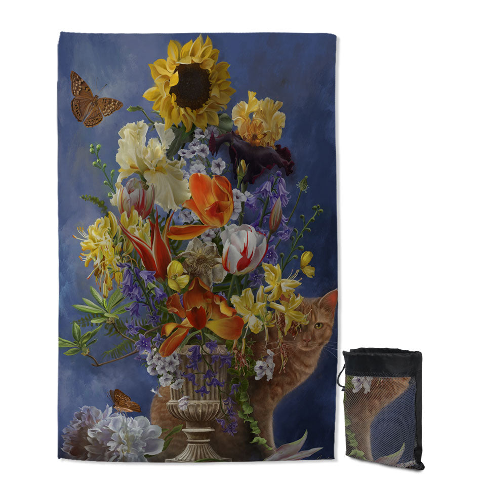 Swims Towel with Cats Art Colorful Flower Bouquet and Cat