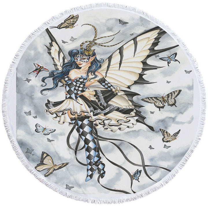 Symphony in Black and White Butterflies Fairy Girls Circle Beach Towel