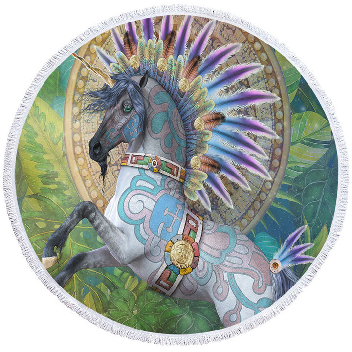 Taavii Tropical Colorful Native American Unicorn Round Beach Towel