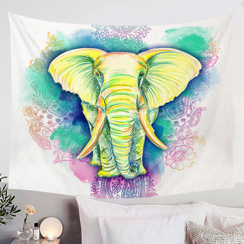Tapestries with Elephant Drawing over Oriental Flowers