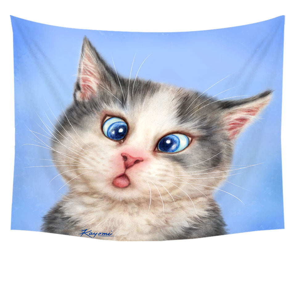 Tapestry Wall Decor Features Cats Funny Faces Drawings Blue Eyes Grey Kitten