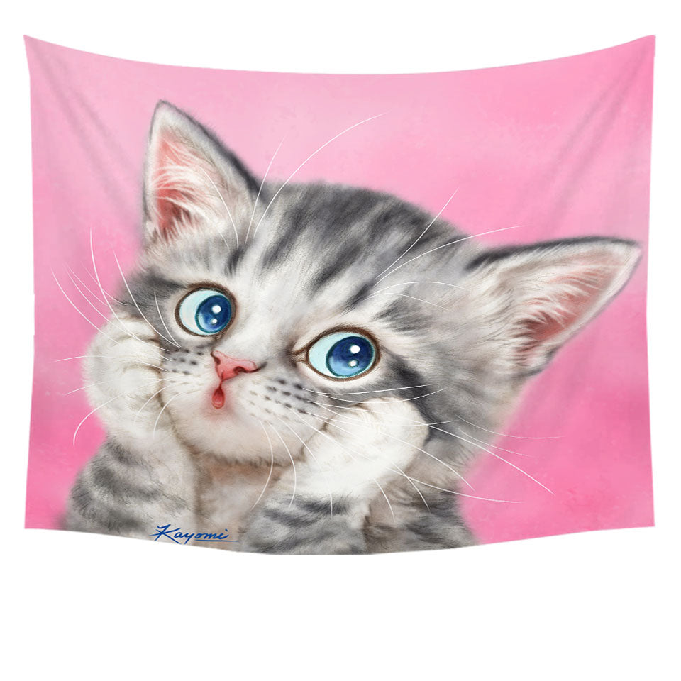 Tapestry Wall Decor with Designs for Kids Tabby Grey Kitty Cat over Pink