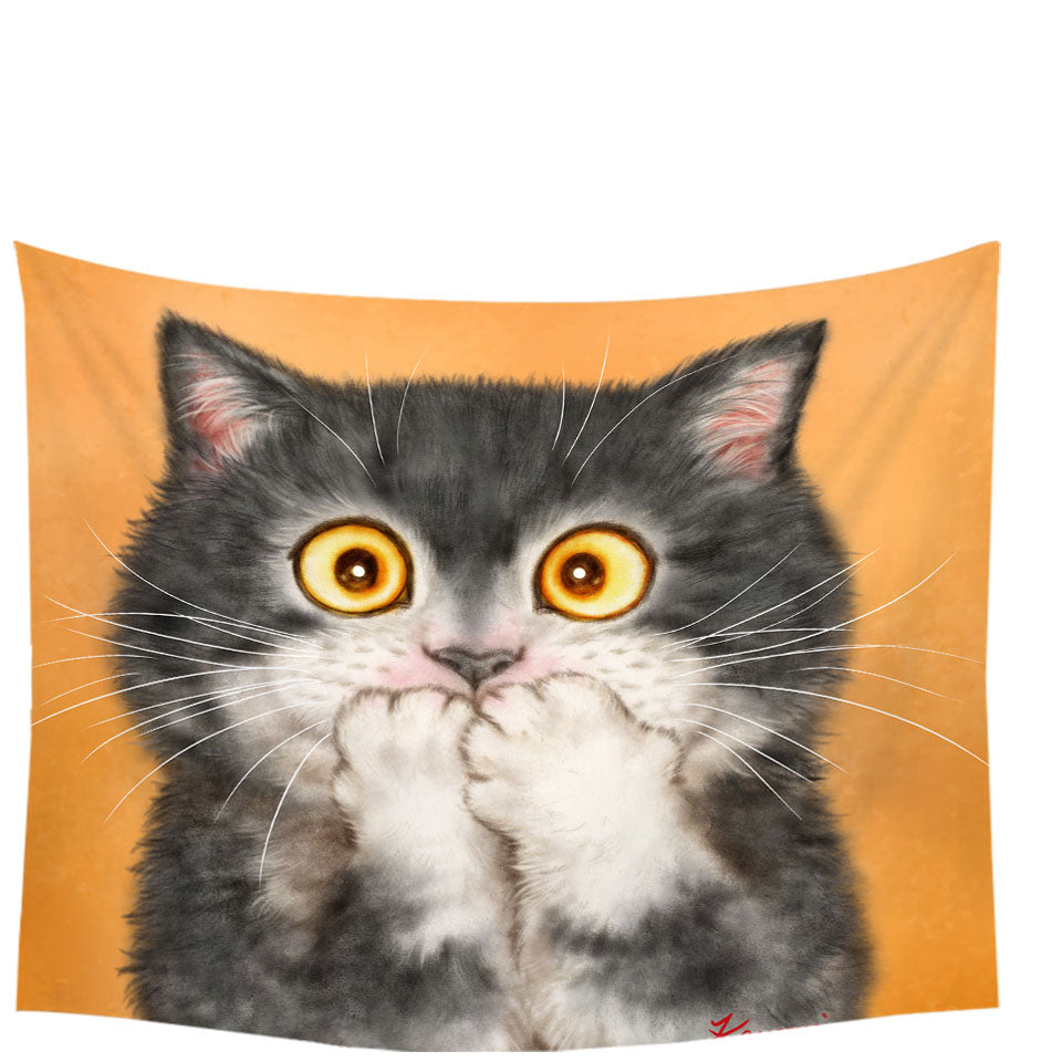Tapestry Wall Decor with Funny Painted Cats Grey Kitten in Shock