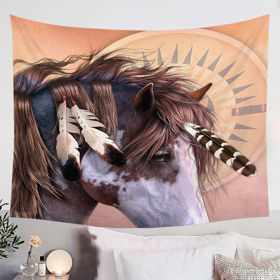 Tapestry-Wall-Decor-with-Native-American-Spirit-Feathers-Haired-Horse