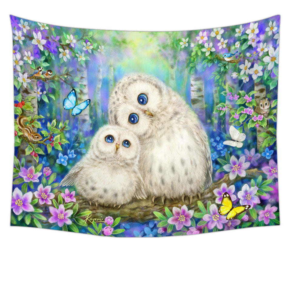 Tapestry Wall Decor with Nature Art Morning Breeze Flowers and Owls