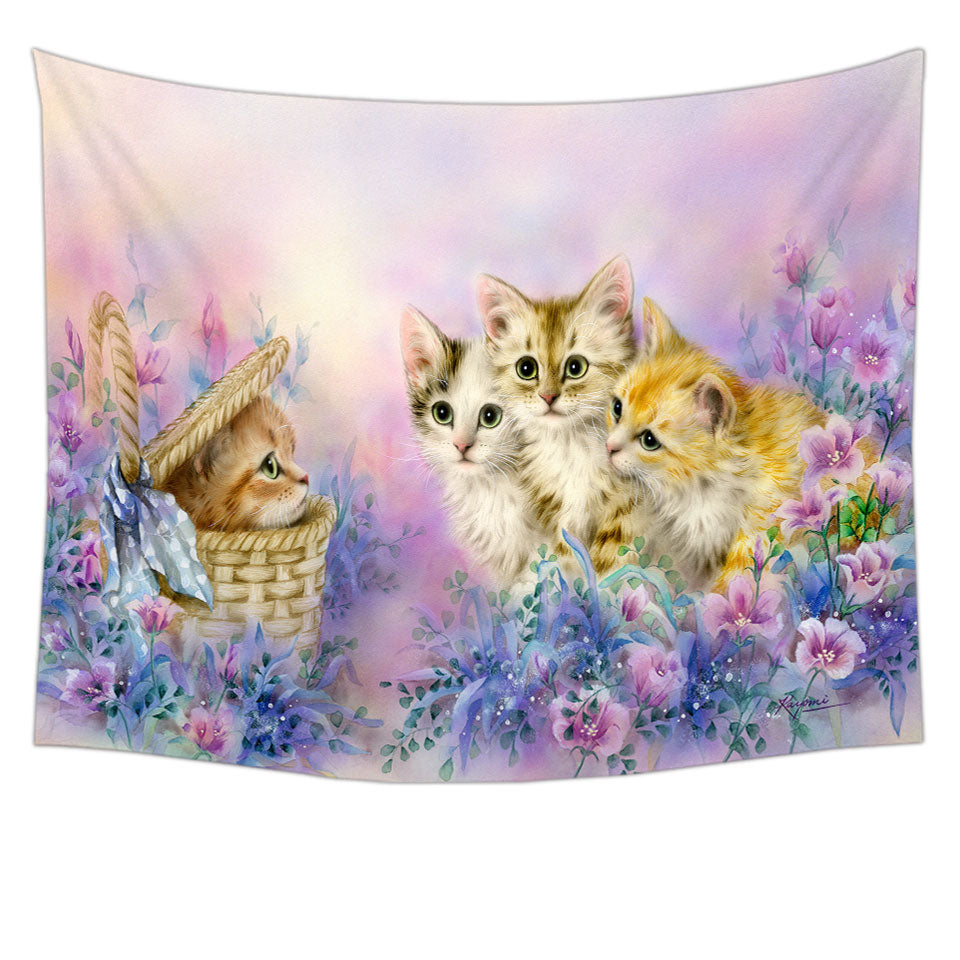 Tapestry Wall Hanging with Cats Art Adorable Cute Kittens in Flower Garden