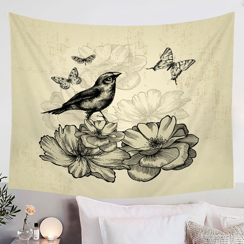 Tapestry Wall Hanging with Vintage Drawing Bird Flowers Butterflies