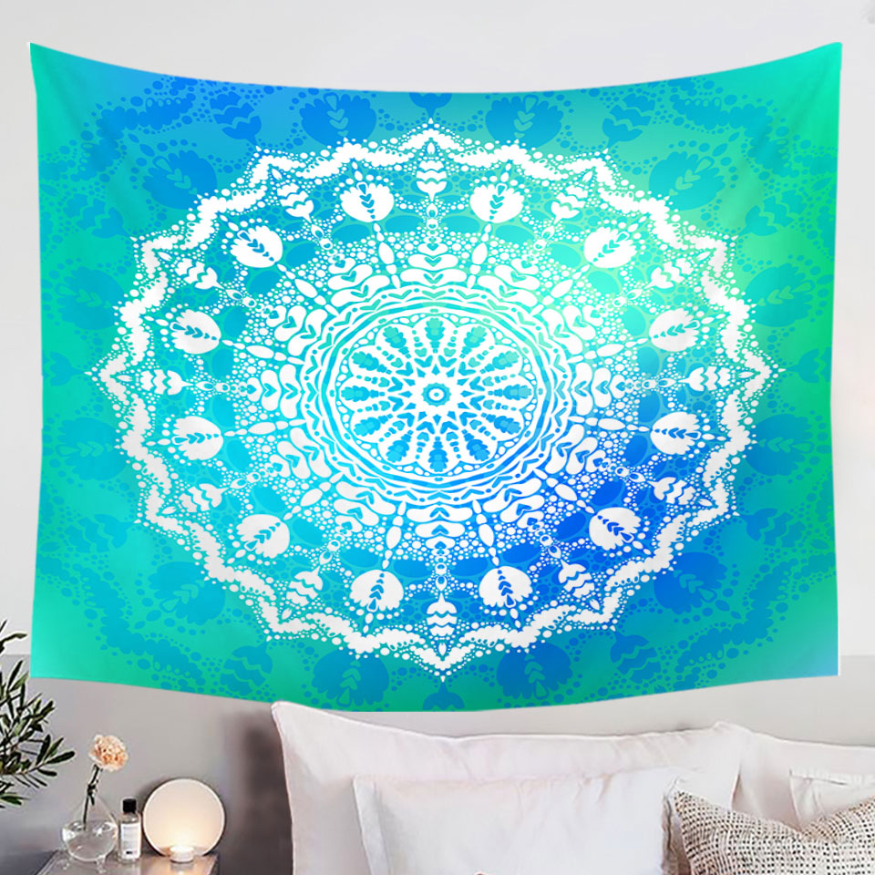 Tapestry White Mandala over Bright Blue Green