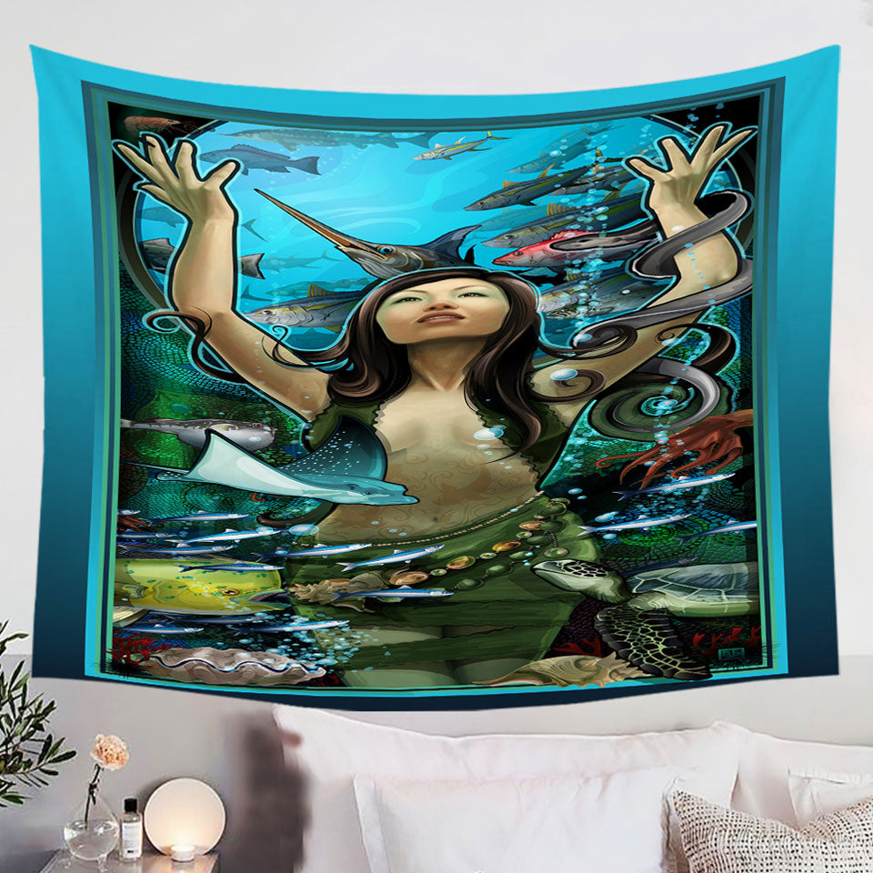Tapestry-of-Underwater-Beautiful-Woman-the-Goddess-of-Marine-Life