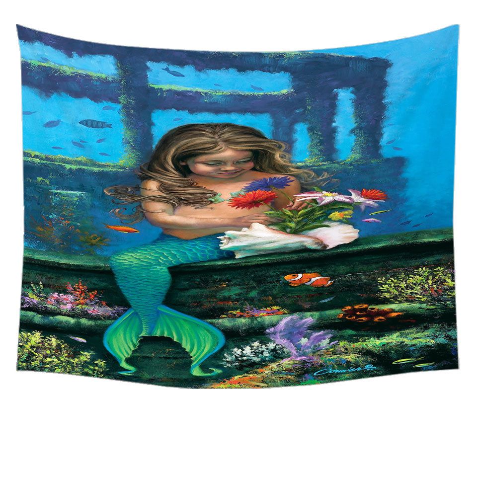 Tapestry with Cute Girl Mermaid and Underwater Flowers