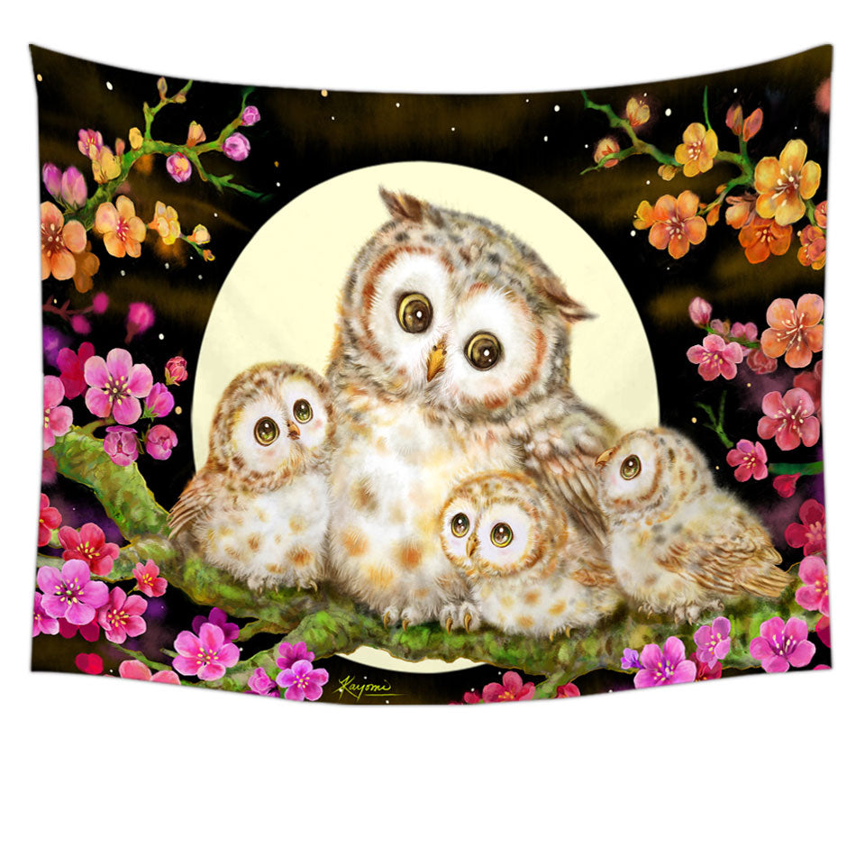 Tapestry with Flowers and Moonlight Lullaby Cute Owl Family