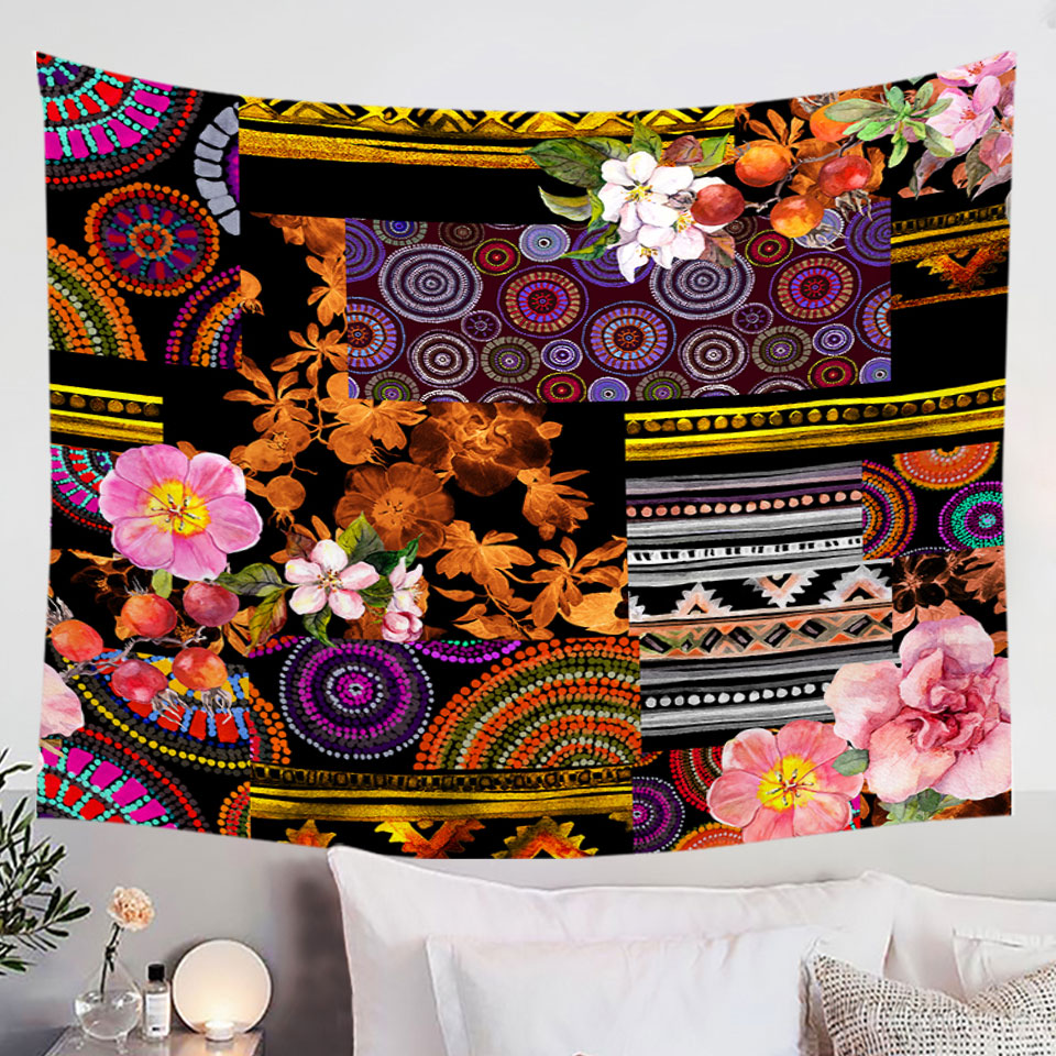 Tapestry with Mandalas and Flowers Dark Messy Design