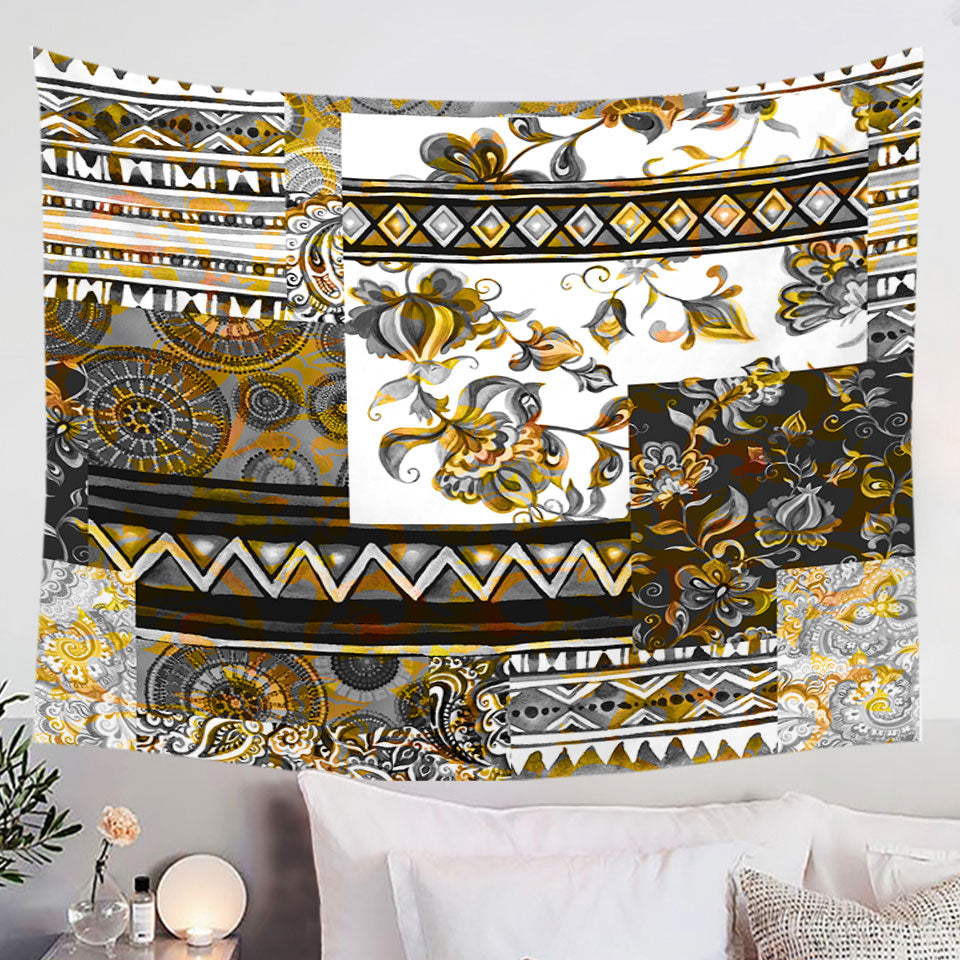Tapestry with Mandalas and Flowers Golden Black Design