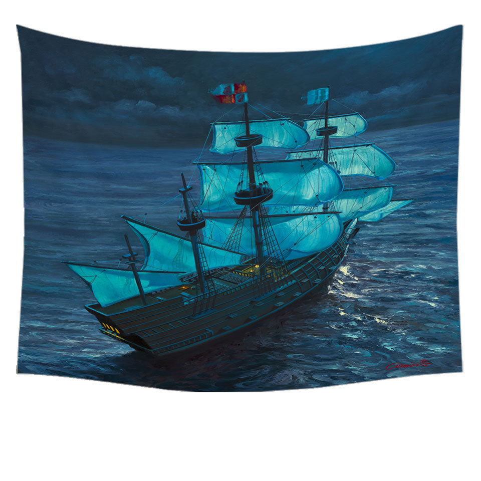 Tapestry with Sailing Ship Moonlight Voyage