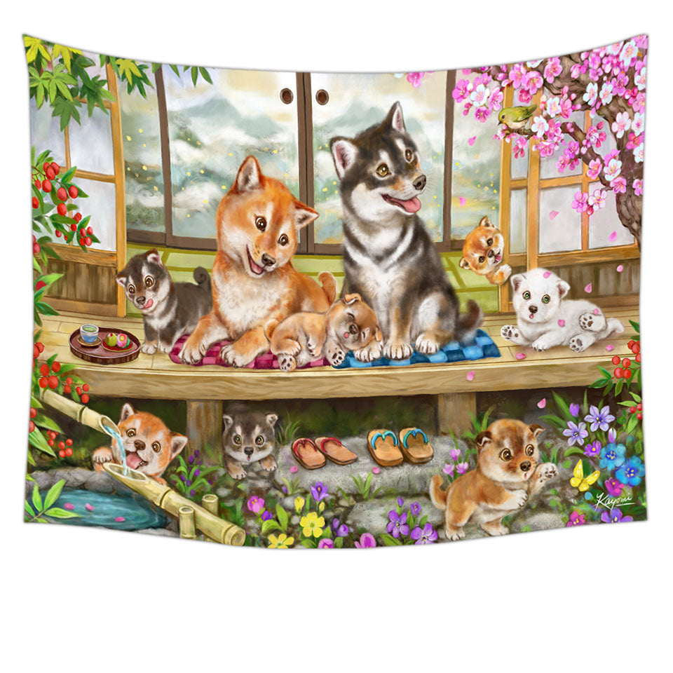 Tapestry with Shiba Inu Dogs and Puppies in Japanese Garden Wall Decor