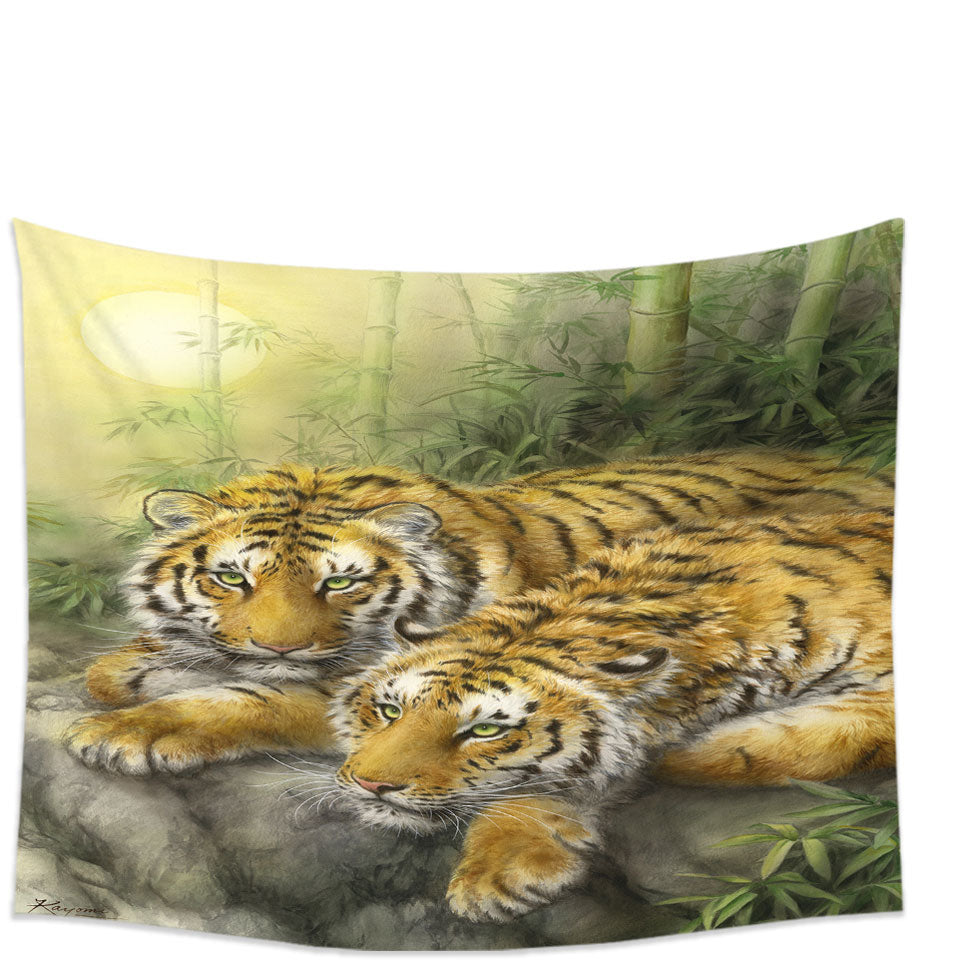Tapestry with Wild Animals Art Tigers Forest Morning