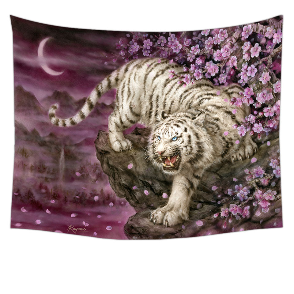 Tapestry with Wildlife Animal Cherry Blossom White Tiger Wall Decor