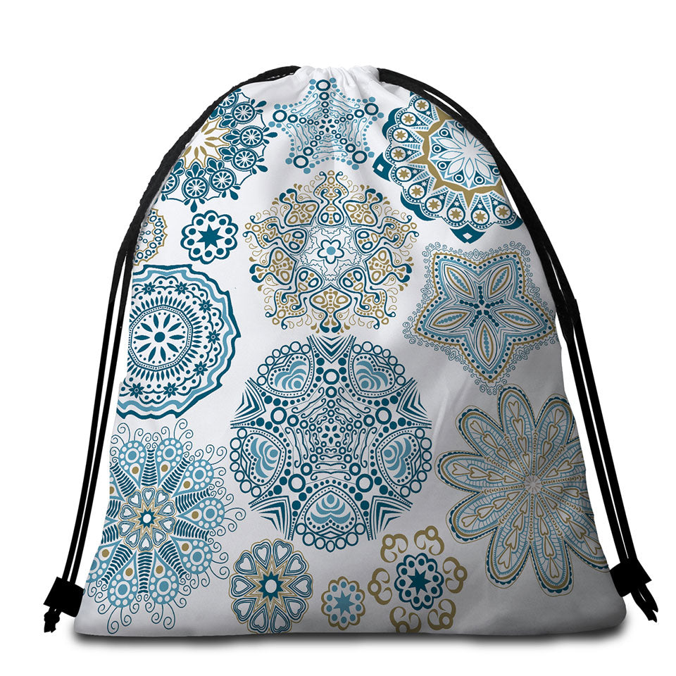 Teal Blue and Turquoise Mandalas Beach Towel Bags