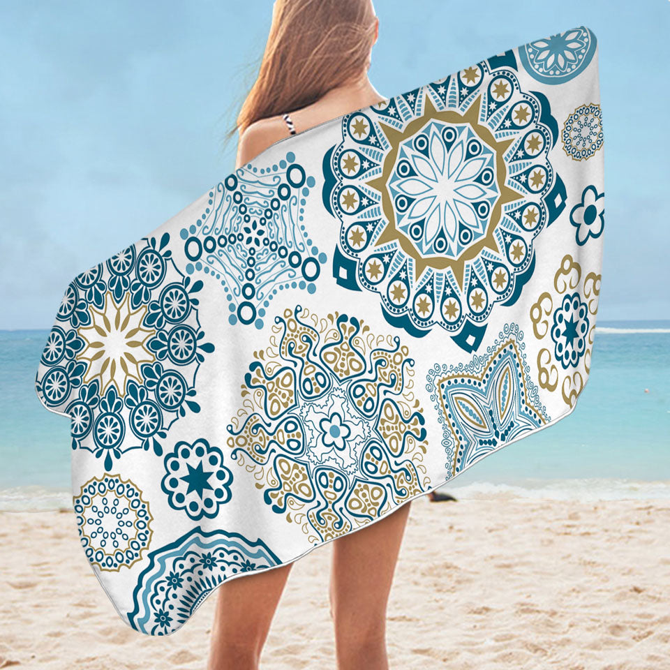 Teal Blue and Turquoise Mandalas Microfiber Beach Towel