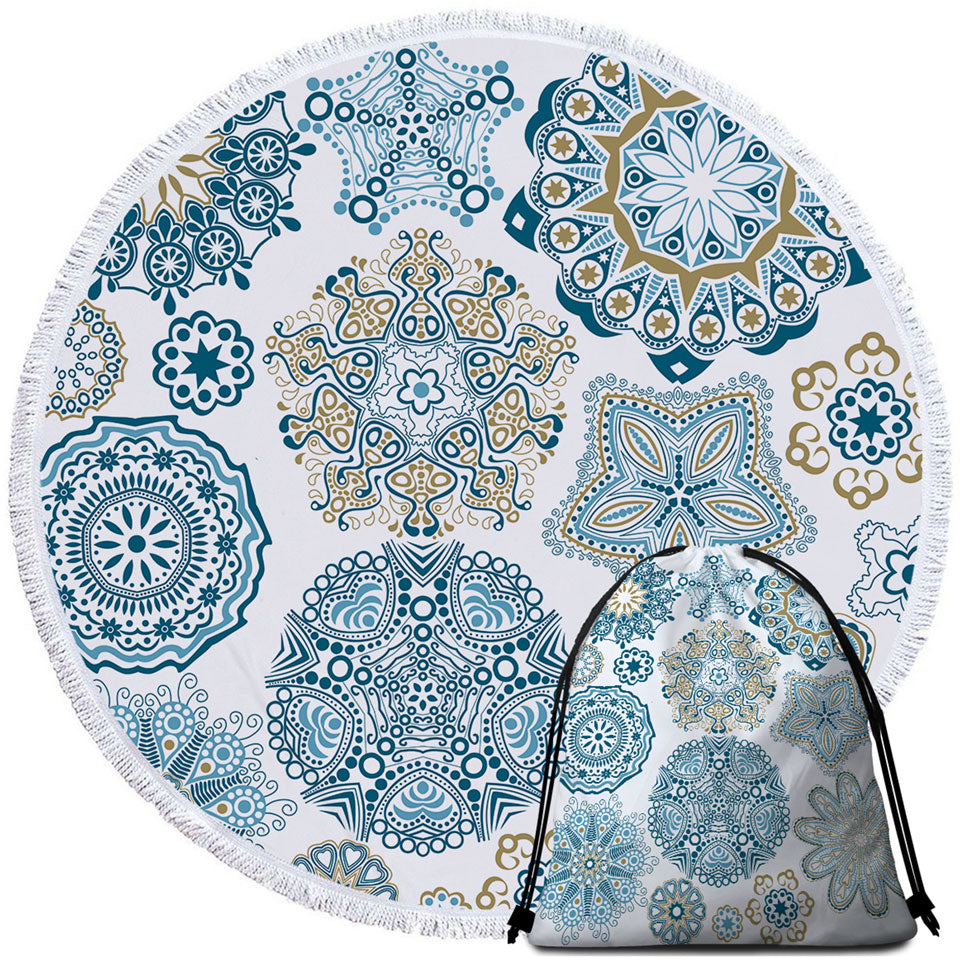 Teal Blue and Turquoise Mandalas Round Beach Towel