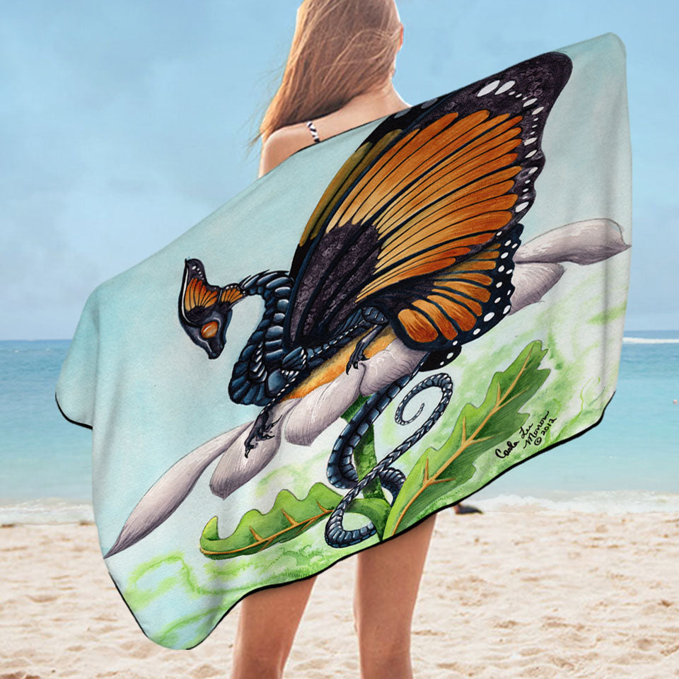 The Monarch Fantasy Art Dragon Sits on Flower Microfiber Beach Towel