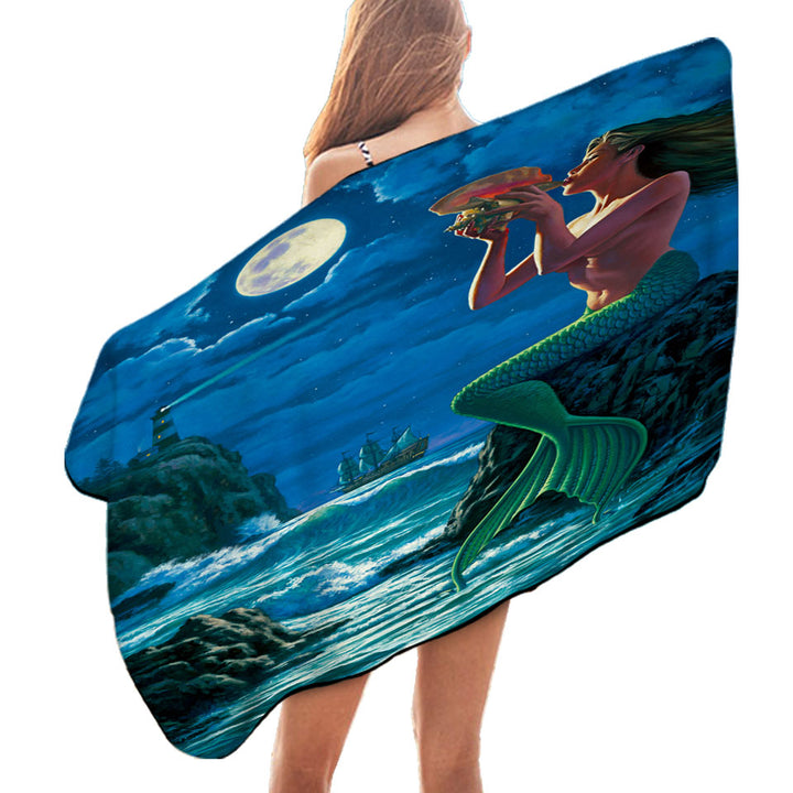 The Sounds of Night Coastal Mermaid Beach Towels for Sale