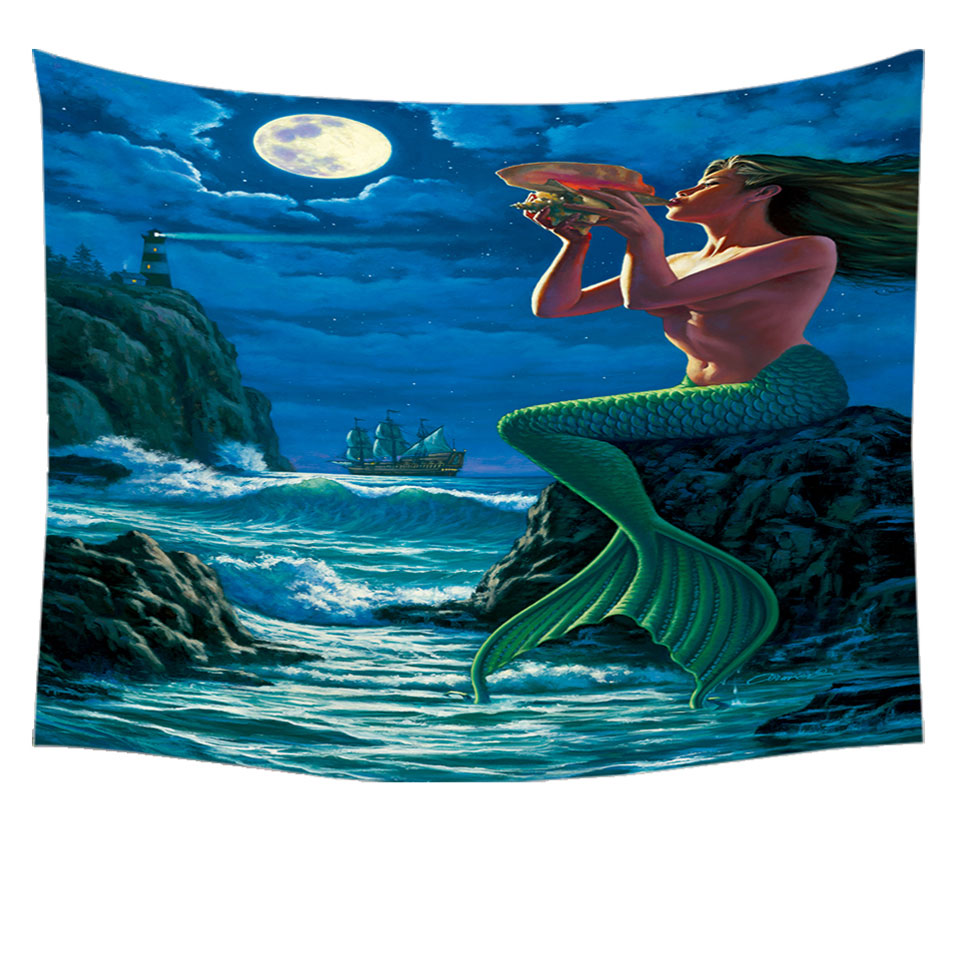 The Sounds of Night Coastal Mermaid Tapestry Wall Hanging