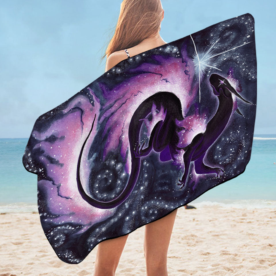 The Star Dancer Fantasy Art Purple Galaxy Pool Towel with Dragon
