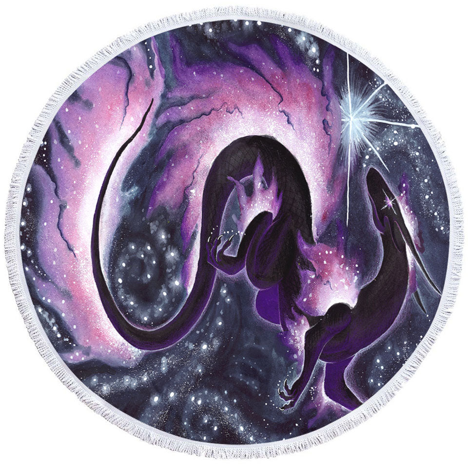 The Star Dancer Fantasy Art Purple Galaxy Round Beach Towel with Dragon