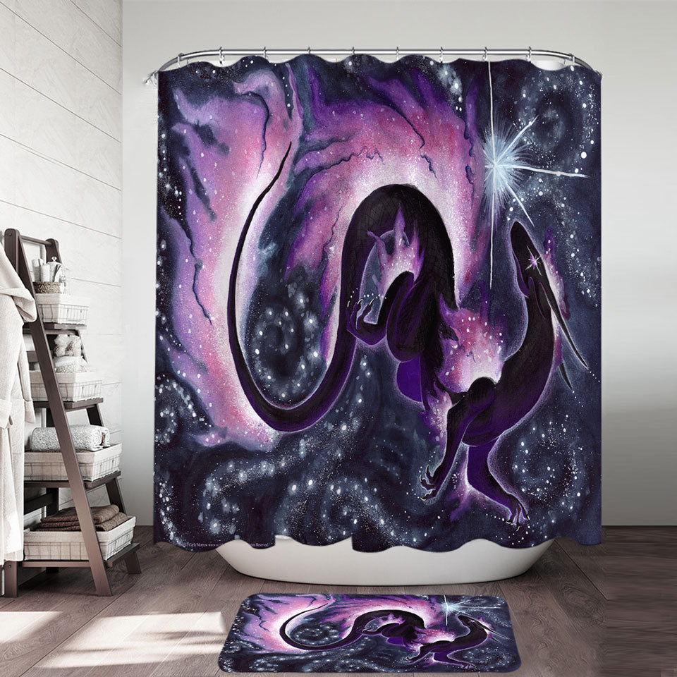 The Star Dancer Fantasy Art Purple Galaxy Shower Curtain with Dragon