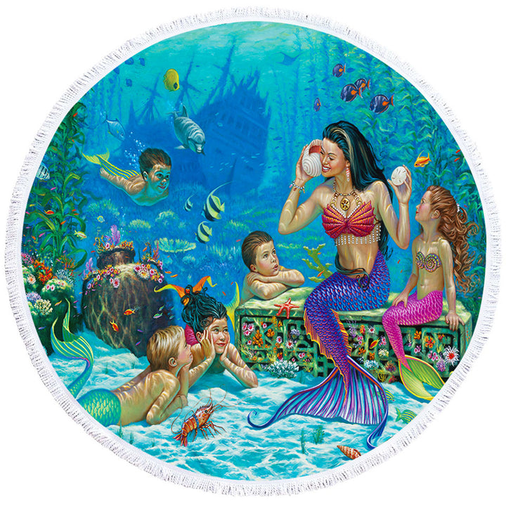 The Story Teller Mermaids Underwater Round Beach Towel